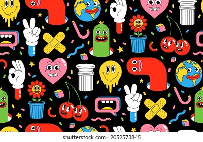 Cartoon characters background. Funny stickers and patches. Seamless vector pattern with comic heart, Earth, berry, abstract faces and elements in trendy retro cartoon style.