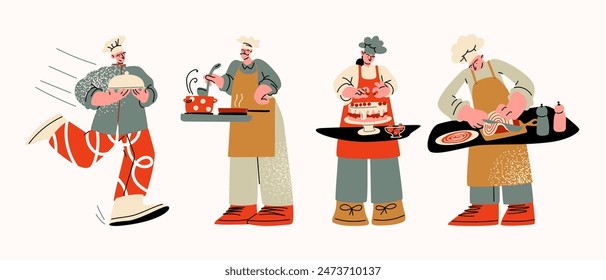 Cartoon characters bakers, chefs in uniform. Set of cooking mascots. Retro vintage doodle style 90s. Waiters dressed in an apron with dishes in their hands