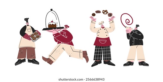 Cartoon characters bakers and confectioners in the style of the 90s. Chef in an apron bakes cakes, buns, pastries. Restaurant staff, cafe, personnel, professional kitchen service