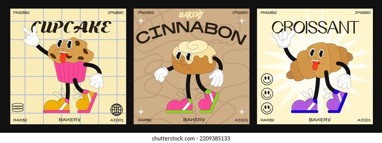 Cartoon characters baking 90s. Fashion poster. funny colorful characters in doodle style, croissant, sinabon,cupcake with gloved hands. Vector groovy illustration with typography elements