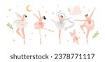 Cartoon characters of ballerinas in different poses. Girls dancing classical choreography in pointe shoes. Ballet set female 