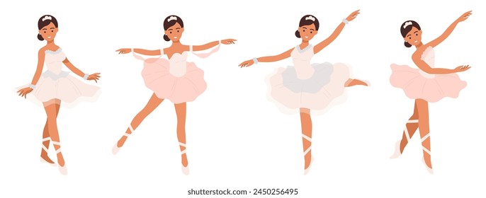 Cartoon characters of ballerinas in different poses. Ballerinas in various poses dancing ballet. Classic choreography dancer. Ballet set female