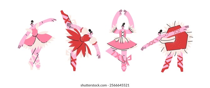 Cartoon characters of ballerinas in different poses. Girls dancing classical choreography in pointe shoes. Ballet set female