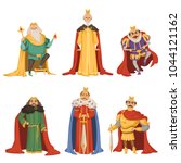 Cartoon characters of big king in different poses. Collection of king character, medieval person lord and monarch with crown. Vector illustration