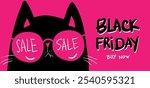 Cartoon characters black cat shopping. Kawaii black cat in pink glasses with shopping bags. Discounts, sale, black Friday. Online banner, flyer, card, coupon and other