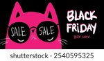 Cartoon characters black cat shopping. Kawaii black cat in pink glasses with shopping bags. Discounts, sale, black Friday. Online banner, flyer, card, coupon and other