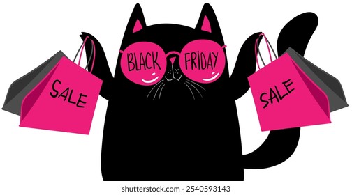 Personajes de dibujos animados de compras de gato negro. Gato negro kawaii en gafas rosas con bolsas de compras. Descuentos, rebajas, Black Friday. Anuncio en línea, volante, tarjeta, Cupón y otros