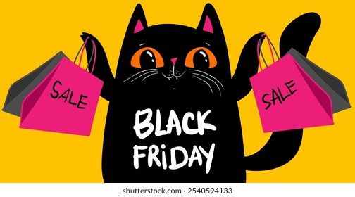 Personajes de dibujos animados de compras de gato negro. Gato negro kawaii en gafas rosas con bolsas de compras. Descuentos, rebajas, Black Friday. Anuncio en línea, volante, tarjeta, Cupón y otros