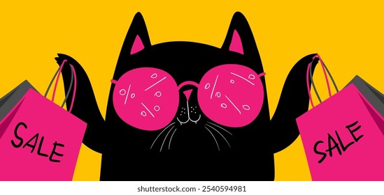 Personajes de dibujos animados de compras de gato negro. Gato negro kawaii en gafas rosas con bolsas de compras. Descuentos, rebajas, Black Friday. Anuncio en línea, volante, tarjeta, Cupón y otros