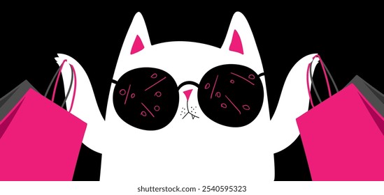 Personajes de dibujos animados de compras de gato negro. Gato negro kawaii en gafas rosas con bolsas de compras. Descuentos, rebajas, Black Friday. Anuncio en línea, volante, tarjeta, Cupón y otros