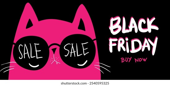 Personajes de dibujos animados de compras de gato negro. Gato negro kawaii en gafas rosas con bolsas de compras. Descuentos, rebajas, Black Friday. Anuncio en línea, volante, tarjeta, Cupón y otros