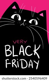 Personagens de desenhos animados preto gato compras. Kawaii gato preto irritado. Descontos, venda, Black Friday. Banner online, folheto, cartão, cupom e outros