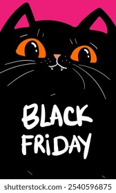 Personajes de dibujos animados de compras de gato negro. Gato negro enojado de Kawaii. Descuentos, rebajas, Black Friday. Anuncio en línea, volante, tarjeta, Cupón y otros