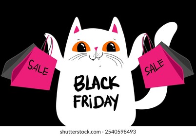 Personajes de dibujos animados de compras de gato negro. Gato negro kawaii en gafas rosas con bolsas de compras. Descuentos, rebajas, Black Friday. Anuncio en línea, volante, tarjeta, Cupón y otros