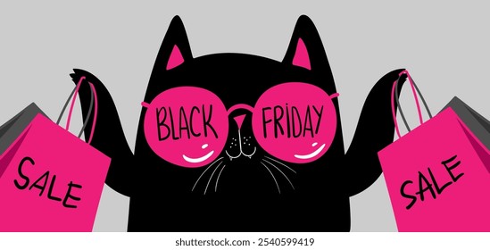 Personajes de dibujos animados de compras de gato negro. Gato negro kawaii en gafas de sol con bolsos de compras. Descuentos, rebajas, Black Friday. Anuncio en línea, volante, tarjeta, Cupón y otros