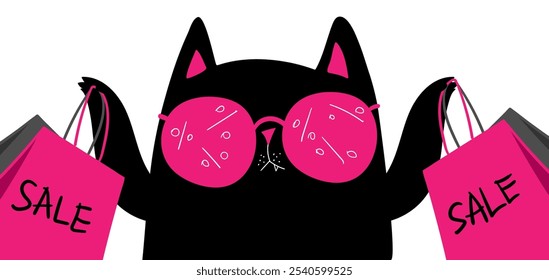 Cartoon characters black cat shopping. Kawaii black cat in sunglasses with shopping bags. Discounts, sale, black Friday. Online banner, flyer, card, coupon and other