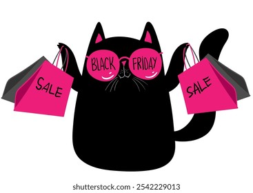 Cartoon characters black cat shopping. Kawaii black cat in sunglasses with shopping bags. Discounts, sale, black Friday. Online banner, flyer, card, coupon and other