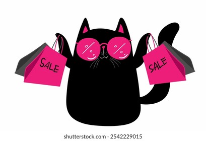 Cartoon characters black cat shopping. Kawaii black cat in sunglasses with shopping bags. Discounts, sale, black Friday. Online banner, flyer, card, coupon and other