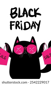 Personajes de dibujos animados de compras de gato negro. Gato negro kawaii en gafas de sol con bolsos de compras. Descuentos, rebajas, Black Friday. Anuncio en línea, volante, tarjeta, Cupón y otros