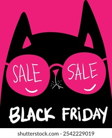 Personajes de dibujos animados de compras de gato negro. Gato negro kawaii en gafas de sol con bolsos de compras. Descuentos, rebajas, Black Friday. Anuncio en línea, volante, tarjeta, Cupón y otros