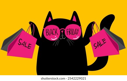 Personajes de dibujos animados de compras de gato negro. Gato negro kawaii en gafas de sol con bolsos de compras. Descuentos, rebajas, Black Friday. Anuncio en línea, volante, tarjeta, Cupón y otros