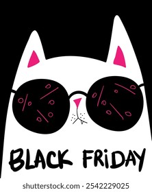 Personajes de dibujos animados de compras de gato negro. Gato negro kawaii en gafas de sol con bolsos de compras. Descuentos, rebajas, Black Friday. Anuncio en línea, volante, tarjeta, Cupón y otros