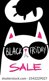 Personajes de dibujos animados de compras de gato negro. Gato negro kawaii en gafas de sol con bolsos de compras. Descuentos, rebajas, Black Friday. Anuncio en línea, volante, tarjeta, Cupón y otros