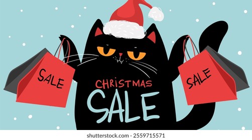 Cartoon characters black cat shopping, christmas sale. Kawaii black cat in santa hat with shopping bags. Discounts, winter sale. Online banner, flyer, card, coupon and other