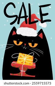 Cartoon characters black cat shopping, christmas sale. Kawaii black cat in santa hat with shopping bags. Discounts, winter sale. Online banner, flyer, card, coupon and other