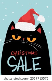 Cartoon characters black cat shopping, christmas sale. Kawaii black cat in santa hat with shopping bags. Discounts, winter sale. Online banner, flyer, card, coupon and other