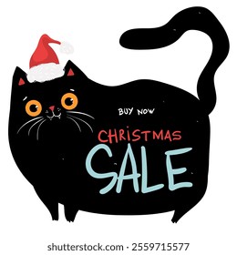 Cartoon characters black cat shopping, christmas sale. Kawaii black cat in santa hat with shopping bags. Discounts, winter sale. Online banner, flyer, card, coupon and other