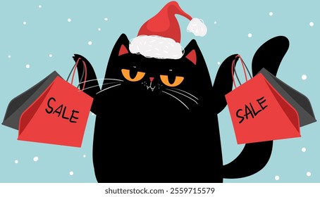 Cartoon characters black cat shopping, christmas sale. Kawaii black cat in santa hat with shopping bags. Discounts, winter sale. Online banner, flyer, card, coupon and other