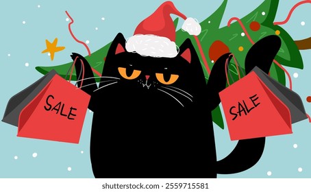 Cartoon characters black cat shopping, christmas sale. Kawaii black cat in santa hat with shopping bags. Discounts, winter sale. Online banner, flyer, card, coupon and other