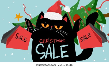 Cartoon characters black cat shopping, christmas sale. Kawaii black cat in santa hat with shopping bags. Discounts, winter sale. Online banner, flyer, card, coupon and other