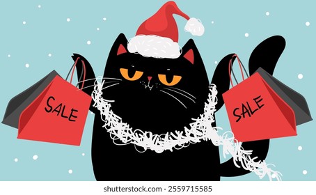 Cartoon characters black cat shopping, christmas sale. Kawaii black cat in santa hat with shopping bags. Discounts, winter sale. Online banner, flyer, card, coupon and other