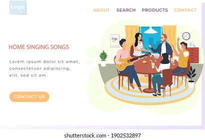 Cartoon characters with board game. Man plays guitar and perform at home. Friends having fun together. Entertainment and pastime in apartment. Musician uses strings on instrument. People play who I am