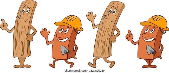 Cartoon Characters, Boards with Eyes and Hands and Workers with Construction Helmets and Trowels, Isolated on White Background. Vector