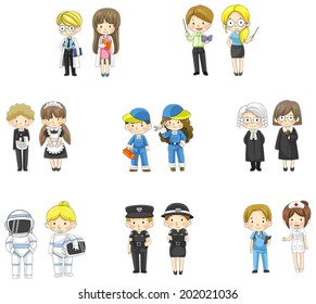 Cartoon characters in both man and woman in various professional jobs and work icon such as doctor, police, astronaut, teacher, judge jury, and waiter maid, engineer technician create by vector