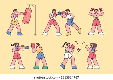 Cartoon characters boxing and training in various poses. Men and women practicing with gloves in a fun and simple flat style illustration.