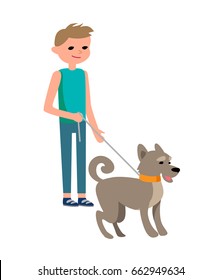 Cartoon characters. Boy with a dog walk together