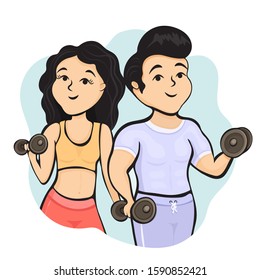 Cartoon characters boy and girl athletes with dumbbells in hands, fitness outline drawing. Cute sports woman and muscular man in tracksuit training, isolated on white background. Vector illustration
