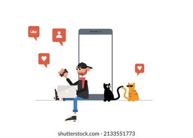 Cartoon characters of a boy and two cats, social media and applications, smartphones and technology and animals on a white background, modern style illustrations for commercial use, vector size.