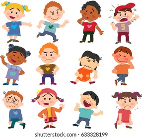 Cartoon characters boys and girls set with different postures, attitudes and poses, doing different activities in isolated vector illustrations: showing, angry, serious…