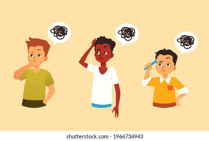 Cartoon characters boys thinking with white bubbles showing messy thoughts, flat vector illustration isolated on white background. Thoughtful children having question.