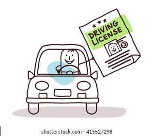 cartoon characters and car - driving license