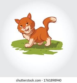 Cartoon characters of cat playing and running on a grass field. Mascot vector illustration.