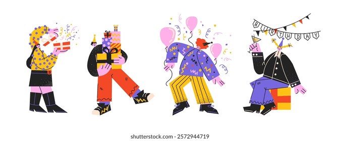 Cartoon characters celebrating birthday. Happy people with festive holiday atmosphere. Fun event, friends at party. Festive mascots