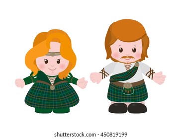 Cartoon characters of Celts, man and woman in ancient ethnic clothes tartan. Vector illustration