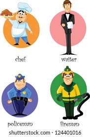 Cartoon characters - chef, policeman, fireman, waiter