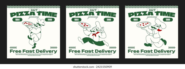 Cartoon characters chefs pizza delivery man in retro 90s style. Vintage poster, fast food online ordering. Vector logo of a pizzeria with a man in an apron